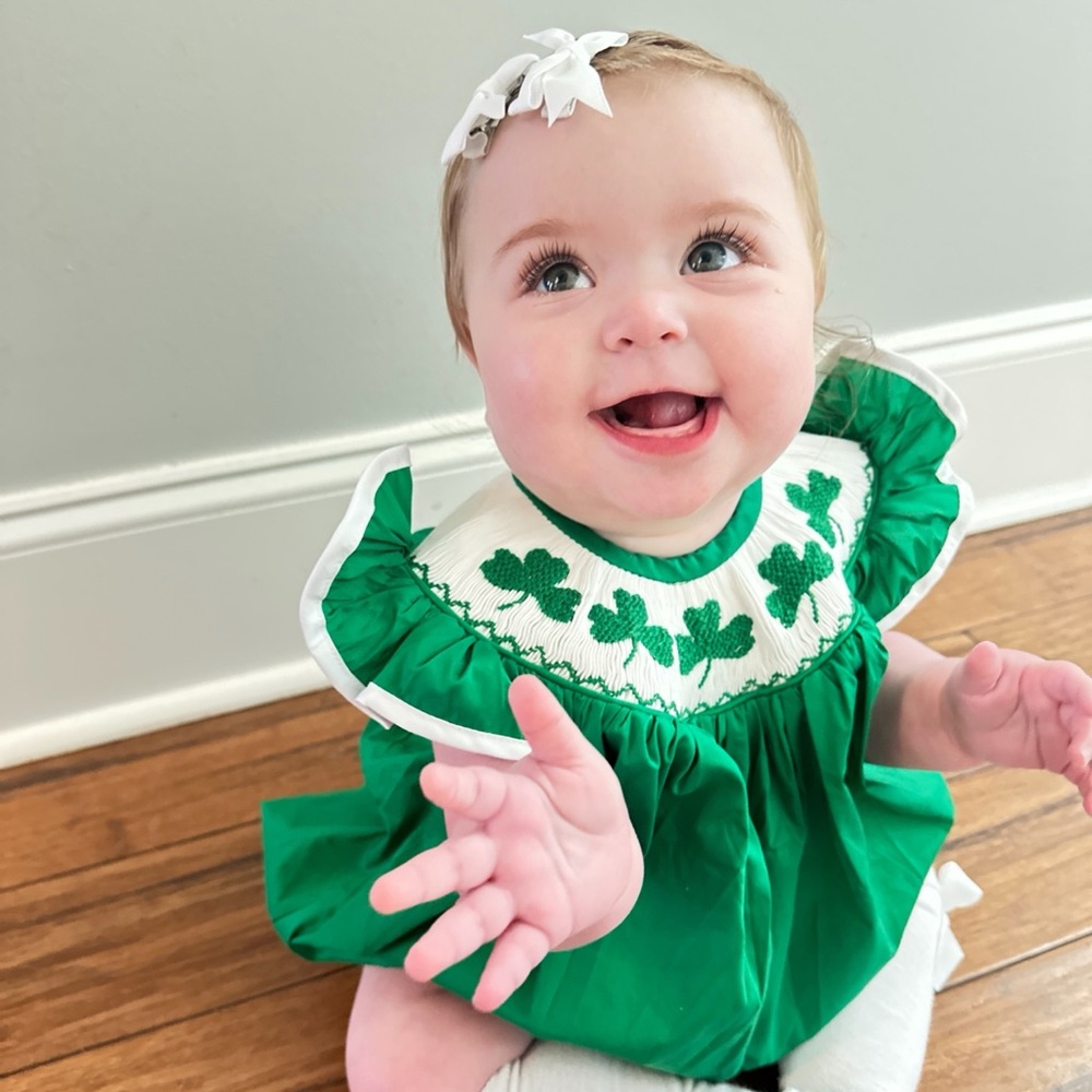 Green smocked Shamrock bubble Romper